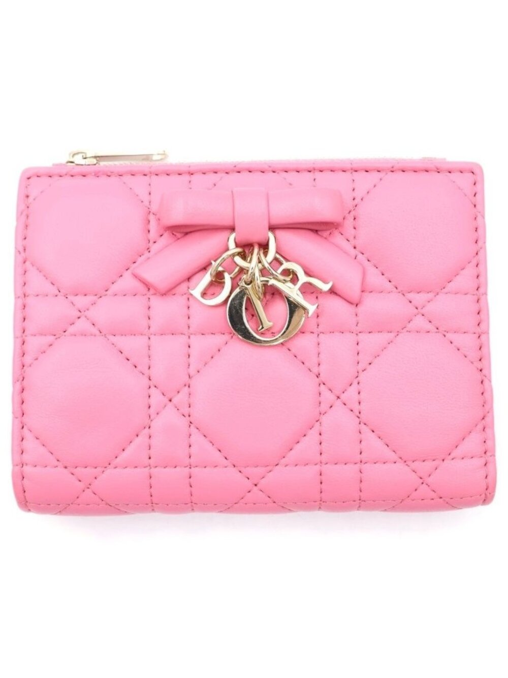 Dior Lady Dahlia Cannage Compact Wallet Bifold Coin Purse Pink Leather Gold